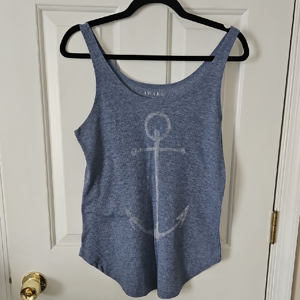 3/$18 Awake Heather Blue Anchor Tank